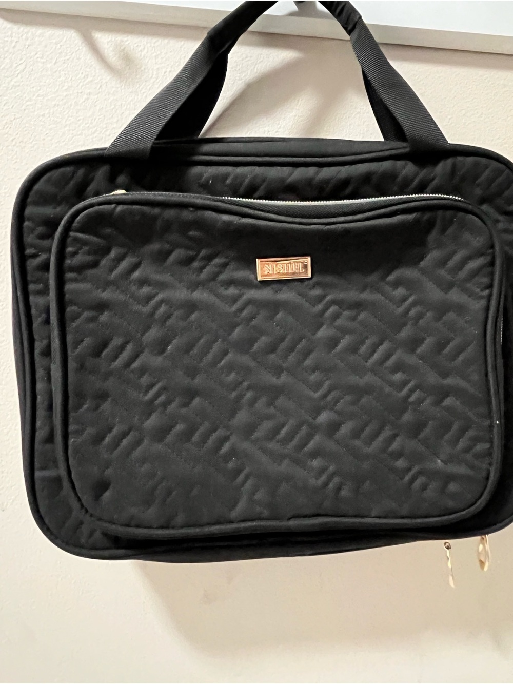 Nishel Black Quilted Travel Cosmetics and jewelry Bag with Gold Accent